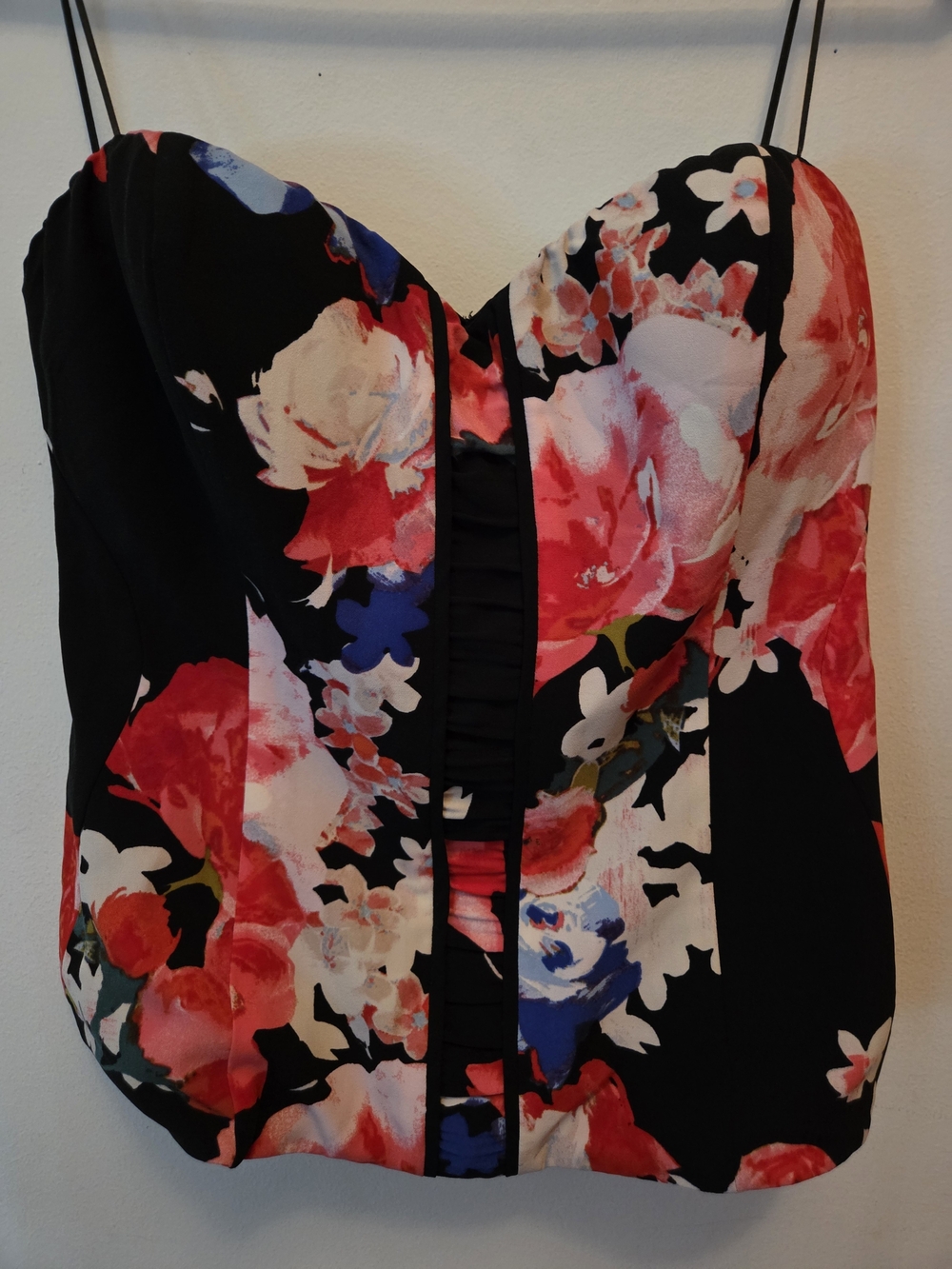 Guess Black Floral Bustier Tank Top with Pink Red Blue Flowers